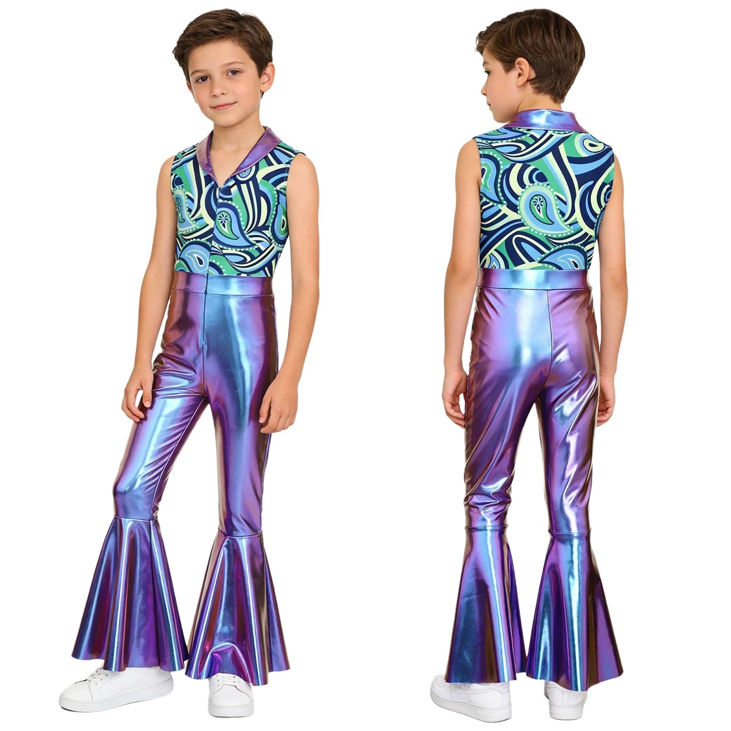 Children Boys 70-80s Disco Hippie Cowboy Costume Metallic Shiny Zipper Bell-bottom Jumpsuit for Halloween Carnival Cosplay Party