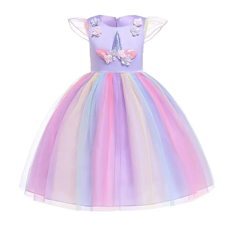 Girl Unicorn Halloween Fancy Princess Dress Teen Girls Rainbow Colorful Cosplay Costume Kids Birthday Party Dresses Tulle Wear