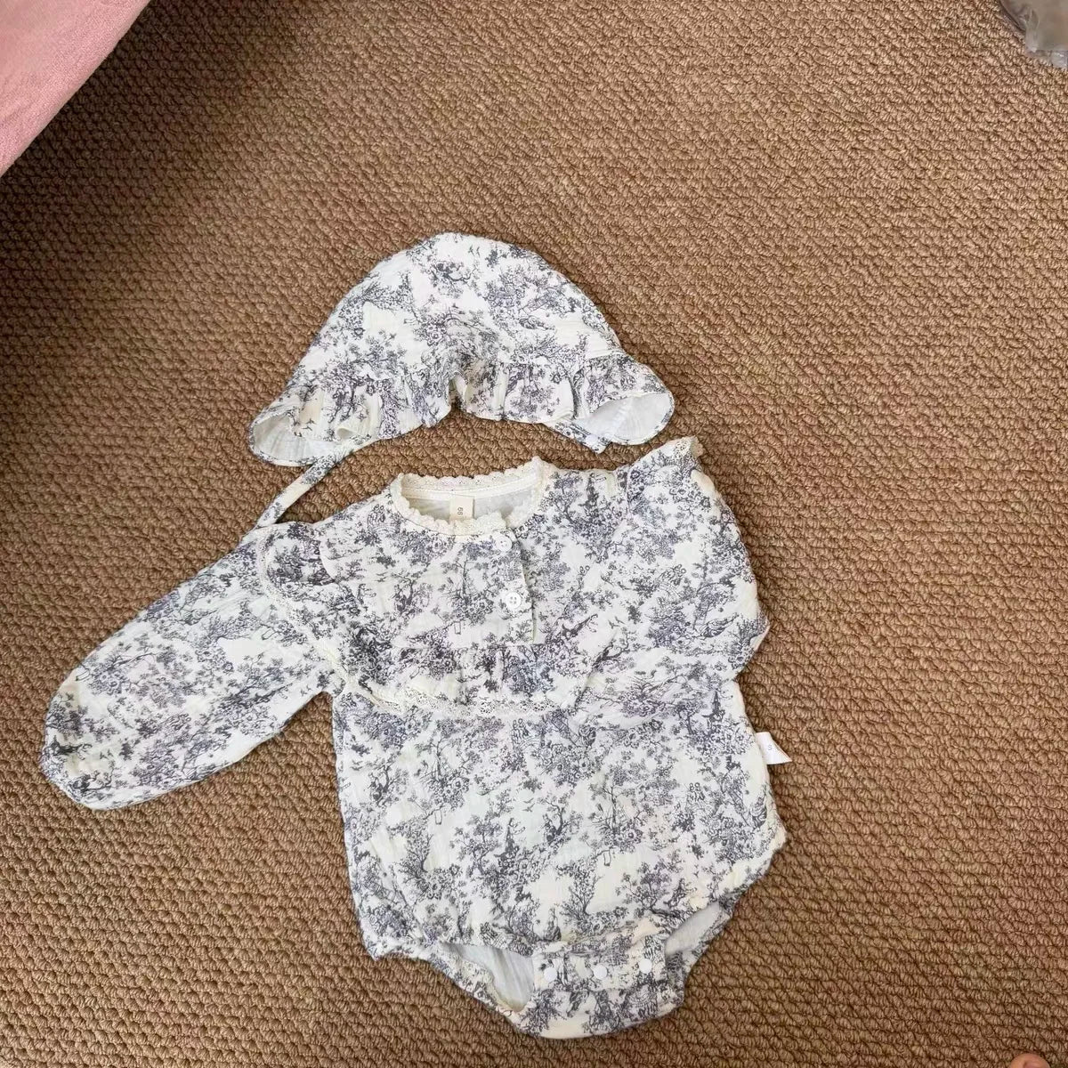 Newborn Romper Chinese Style Ink Painting Newborn Baby Girl Bodysuits +Hat Cotton Girls Jumpsuits Infants Onesie Outfits Clothes