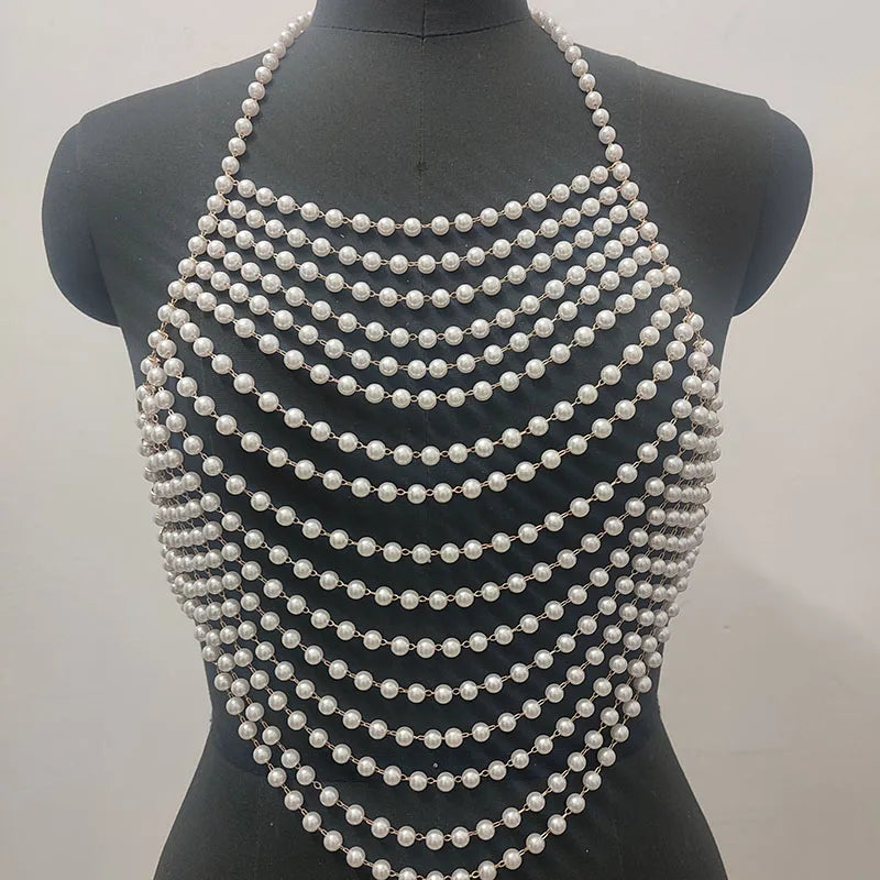 Handmade Elegant Pearl Top For Women Fashion Harness Chain Matching With Lady's Shirt