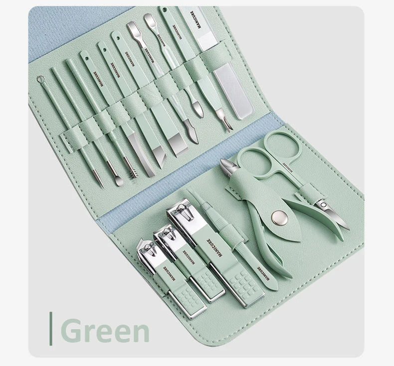 Professional Manicure Set 12/16 Pcs Full Function Kit Stainless Steel Pedicure Sets With Leather Portable Case Idea Gift