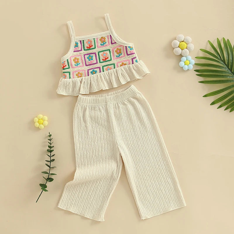 Toddler Girl Crochet Outfit Crochet Floral Crop Top Sleeveless Camisole Ruffle Top and Pant Set Baby Summer Clothes