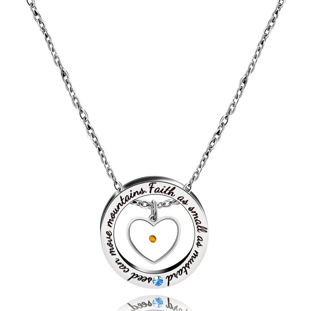 Round Heart Pendants Stainless Steel Necklaces with Carved Letters Mustard Seed Faith Necklace Men Women Fashion Jewelry Gift