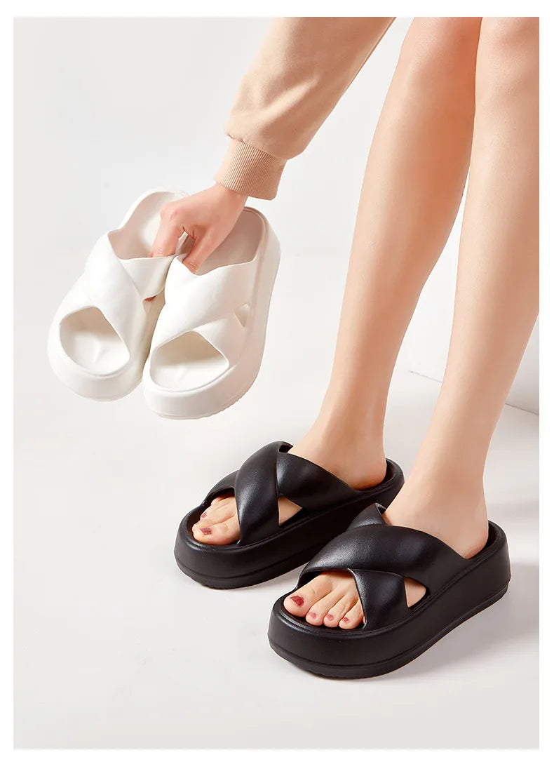 Litfun Women Sandals Soft Sole Slides Home Slippers Thick Bottom EVA Shoes Female Non-Slip Cross Sandals Outdoor Beach Flip Flop