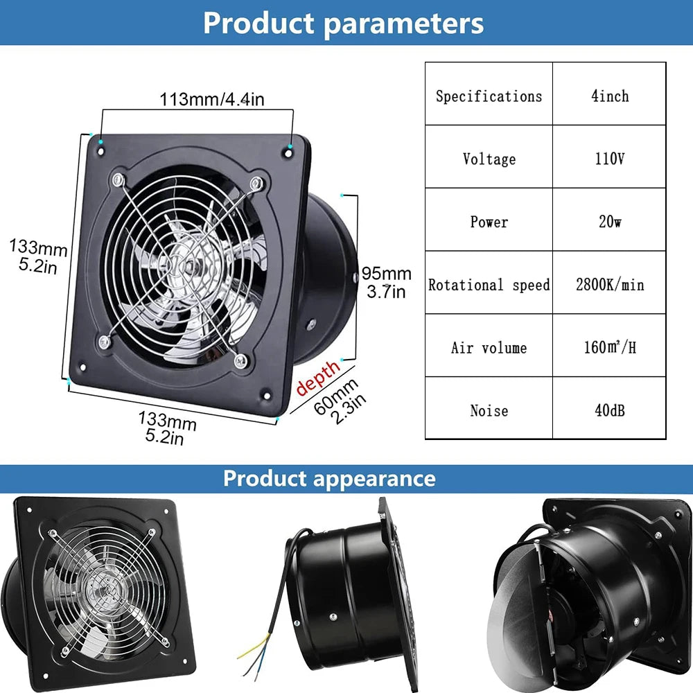 Silent Exhaust Fan Wall-Mounted 4-Inch 100mm Window-Type Bathroom Exhaust Fan Ventilation and Air Exchange Fan Duct Extractor
