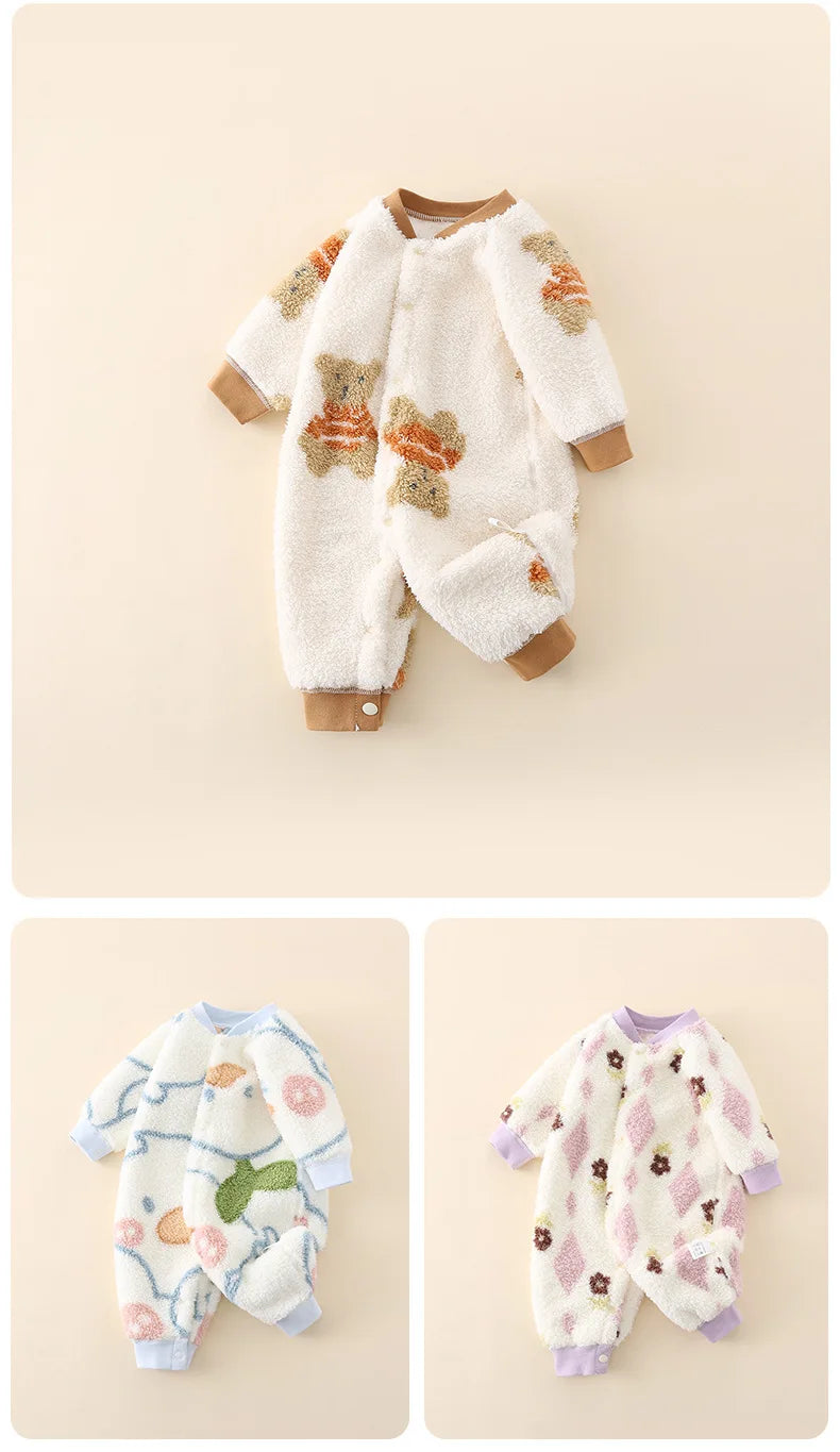 2026 Boys Girls Winter Spring Jumpsuit 0-24M Newborn Fleece Lined Long Sleeve Onesie Infant Cartoon Print Soft Warm Baby Romper