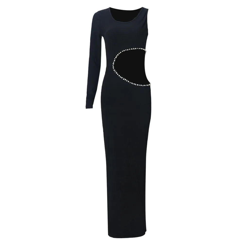 Sexy Slant Shoulder Cut Out Bodycon Maxi Dress Women Diamond Pearl Trim Luxury Party Vestido 2025 Summer Night Prom Clothes