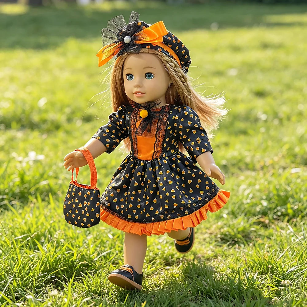 Halloween Doll Costume Outfit Suitable for 18 Inch Dolls. Doll Holiday Costume Set with Three Pieces and Doll Accessories