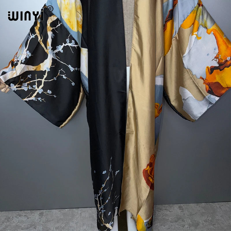 Kimonos verano Women sukienka Print Long Sleeve Cardigan Female Blouse Loose Casual beach Cover Up boho dress party kaftan