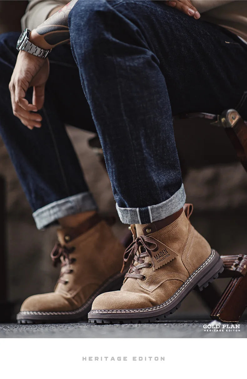 Maden Autumn and Winter Mid-top Work Boots for Men Round-toed Flat-heeled Boots Retro Outdoor Shoes Wear-resistant Rubber Sole