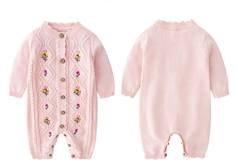 0-24M 100% Cotton Newborn Flower Baby Girl Romper Sweater Winter Clothes Knit Thick Warm Floral Embroidery Jumpsuit Outfit