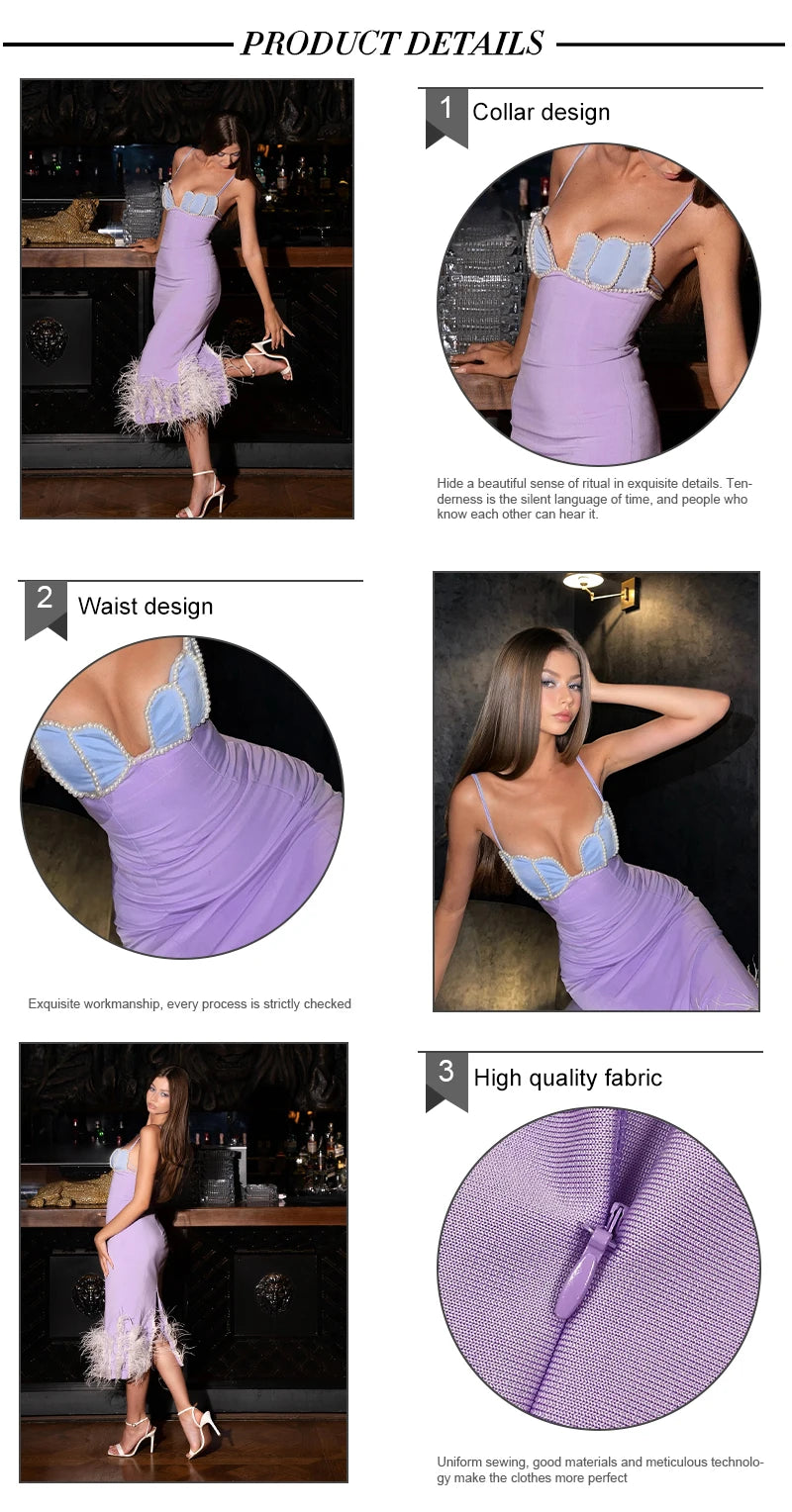 VC Ladies Feather Bead Spaghetti Straps Pearls Backless Fashion Bandage Midi Elegant Party Cocktail Dress Vestidos