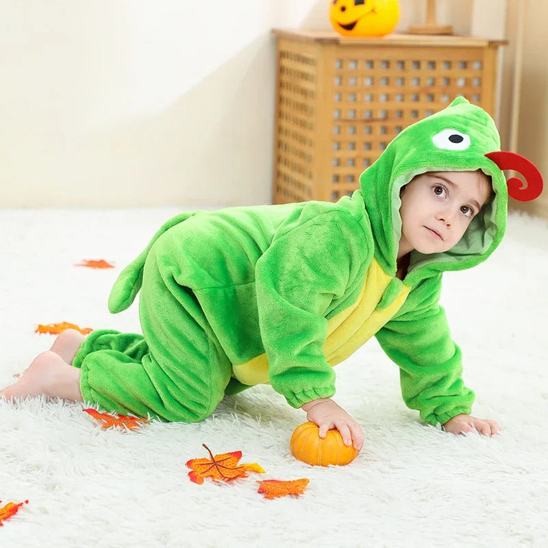 Halloween Costume Chameleon Baby Bodysuit Winter Hooded Plush Thicken Zipper Onesie Playful Cartoon Animal Rompers Holiday Dress