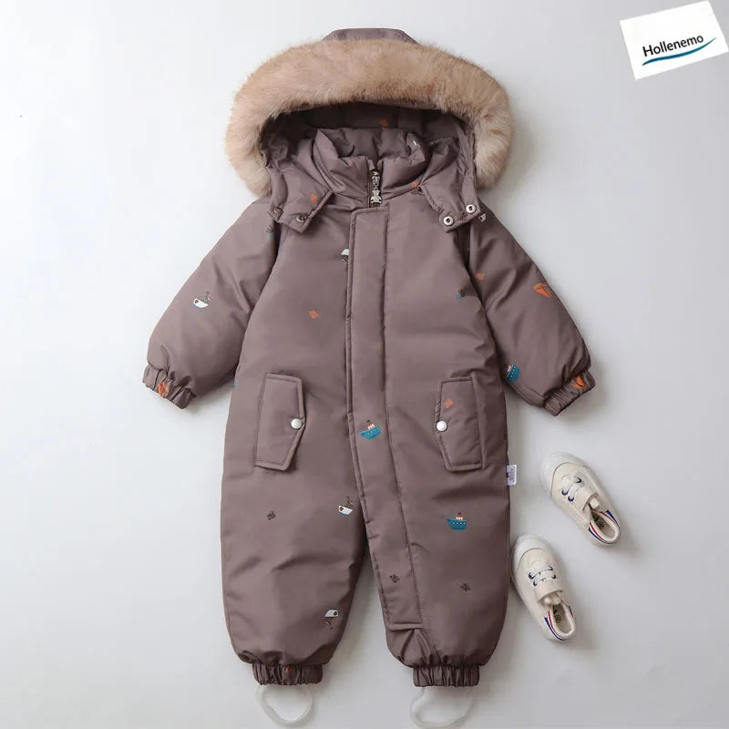 Baby Hooded One‑Piece Snowsuit Faux Fur Trim Windproof Waterproof Animal Print Warm Winter Zipper Jumpsuit Romper For Boys Girls