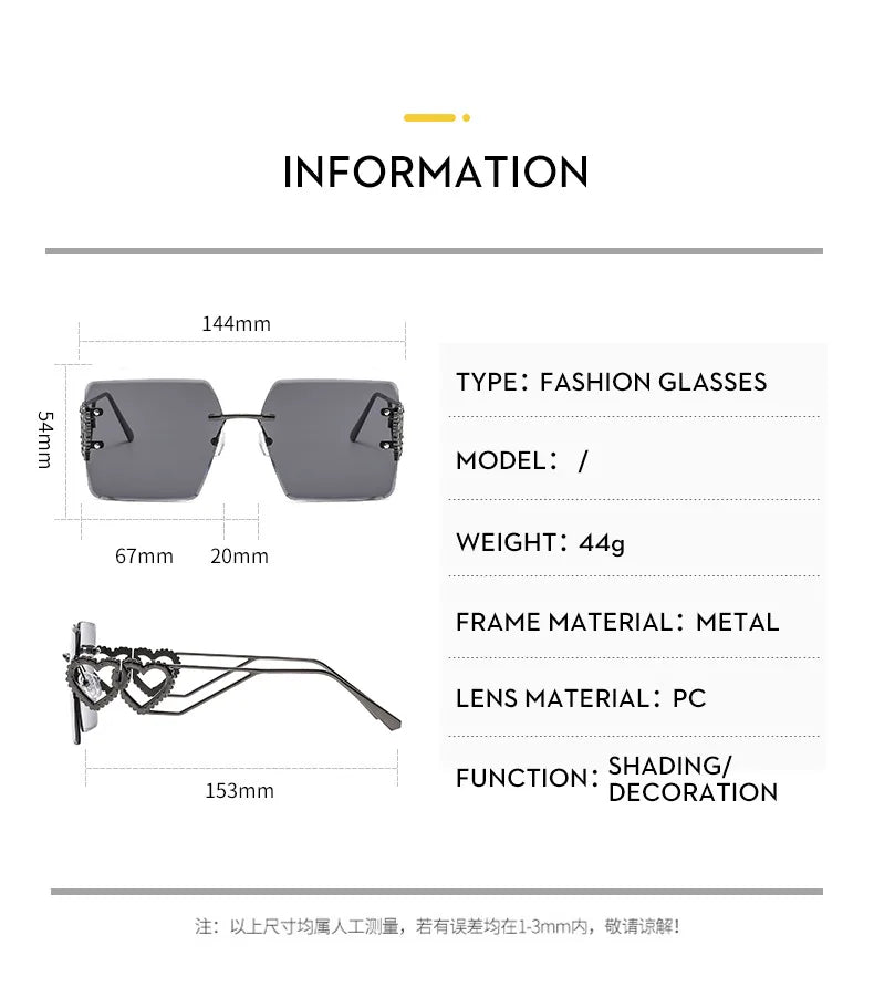 Rimless Retro Square Sunglasses Women And Men Trends Brand Design Metal Love Decoration Shades Travel Driving Sun Glasses UV400