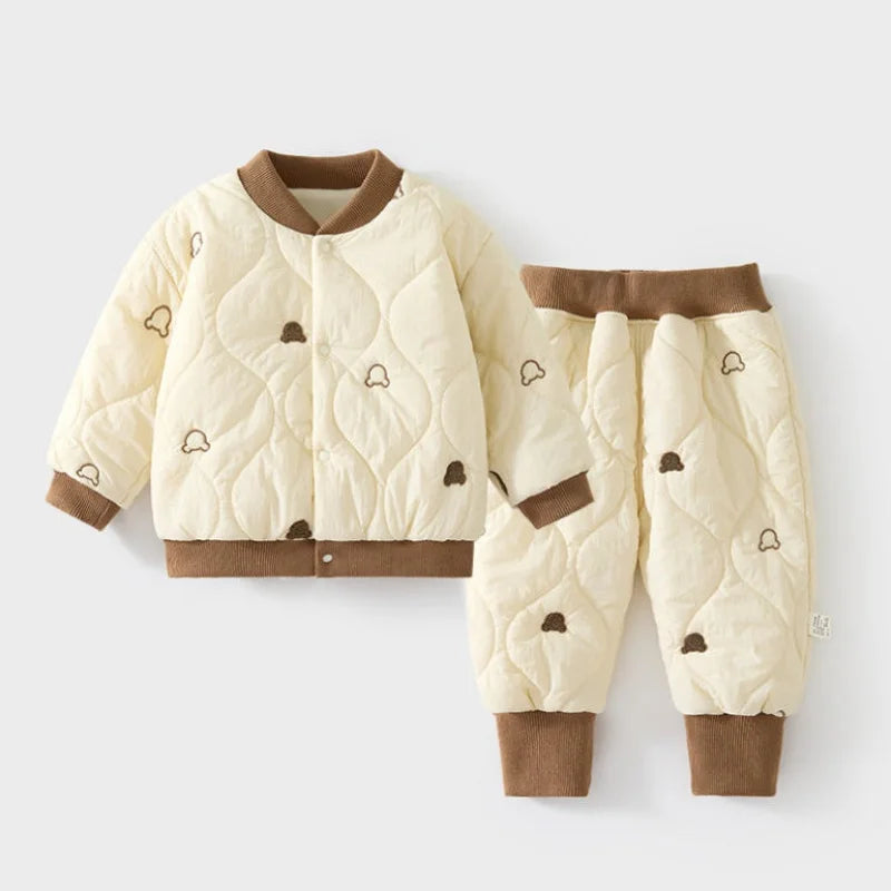 Winter Toddler Two Piece Set Cute Bear Embroidery Warm Jacket Pants Homewear Unisex Baby Boys Girls Sleepwear