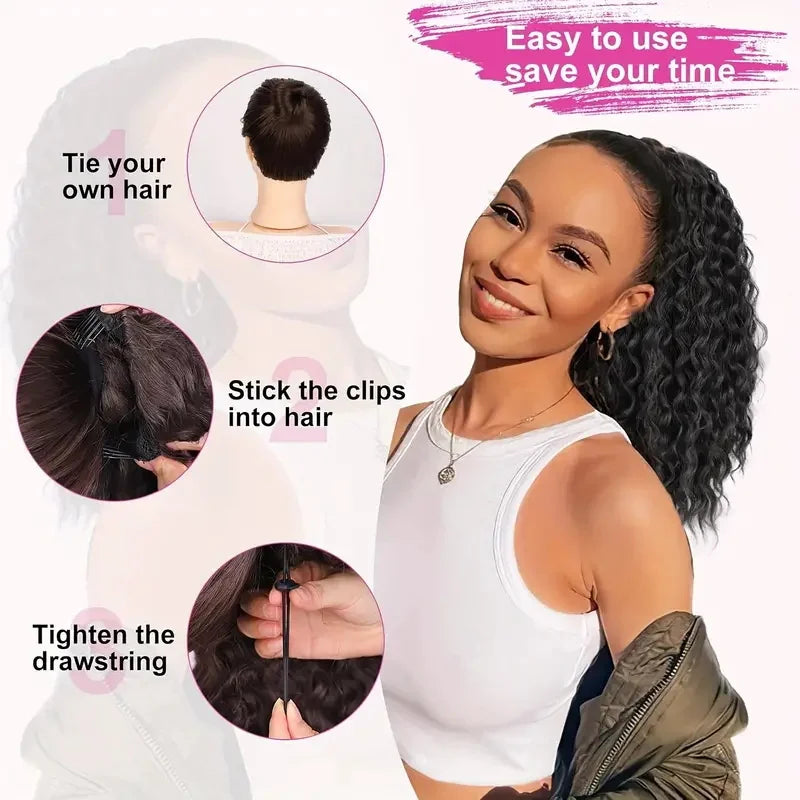 Synthetic 18Inch Long Kinky Curly Ponytail Drawstring Clip in Hair Extension Puff Afro Black Brown Hairpiece for Women