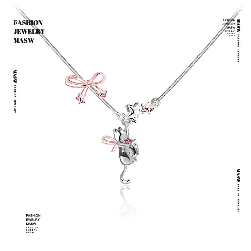 MASW Original Design Luxury Temperament Pink Bowknot Cats Pendant Necklace For Women Party Gifts Fashion Jewelry Accessories
