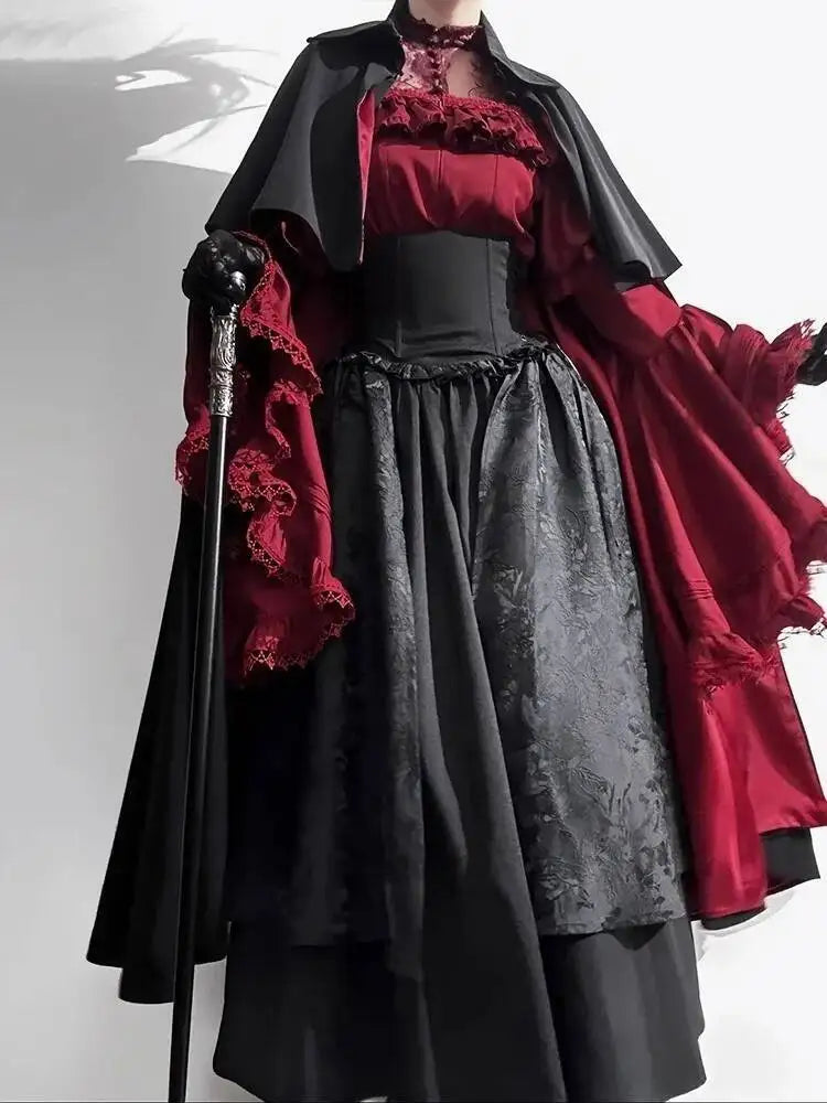 Halloween costume black and red gothic Lolita half skirt long skirt shirt two-piece set 2025 new Lolita