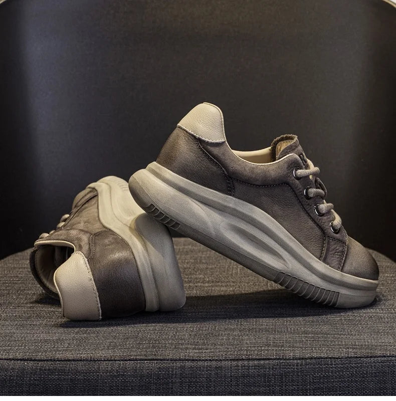 DRKANOL Spring Genuine Leather Casual Sneakers Women Thick Bottom Platform Lightweight Single Shoes Ladies Wedges Heel Shoes