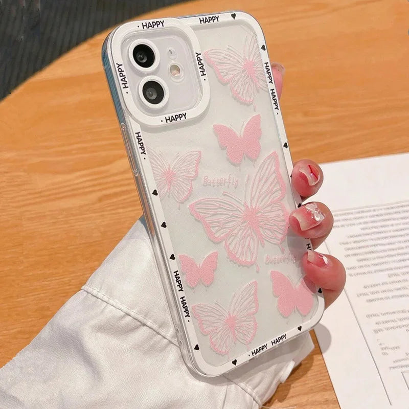 Cute Pink Butterfly Pattern Phone Case For iPhone 17 16 15 14 13 12 11 Pro Max Mini SE 7 Plus Air Shockproof Soft Cover Fundas