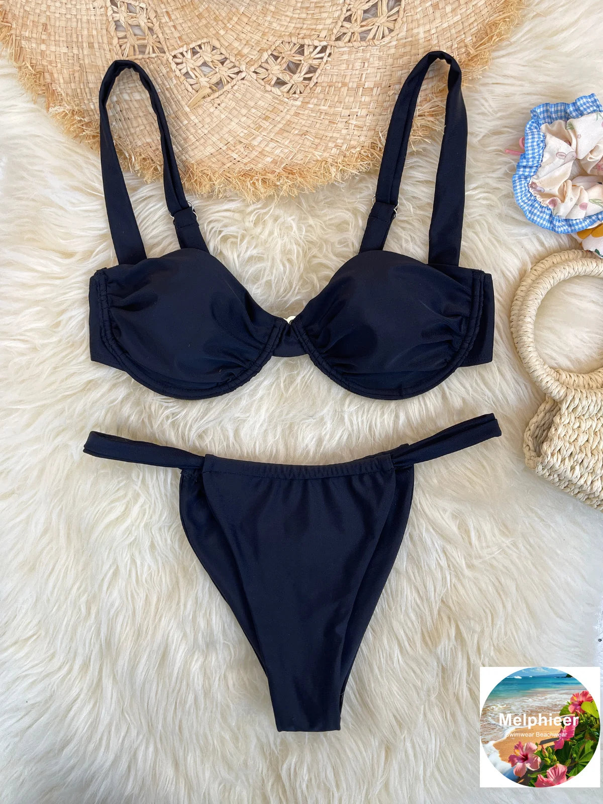 Melphieer Women's Solid Color Bikini Set Strappy Bandage Push-Up Swimsuit Summer Lady Beach Pool Club Swimwear Bathing Suit