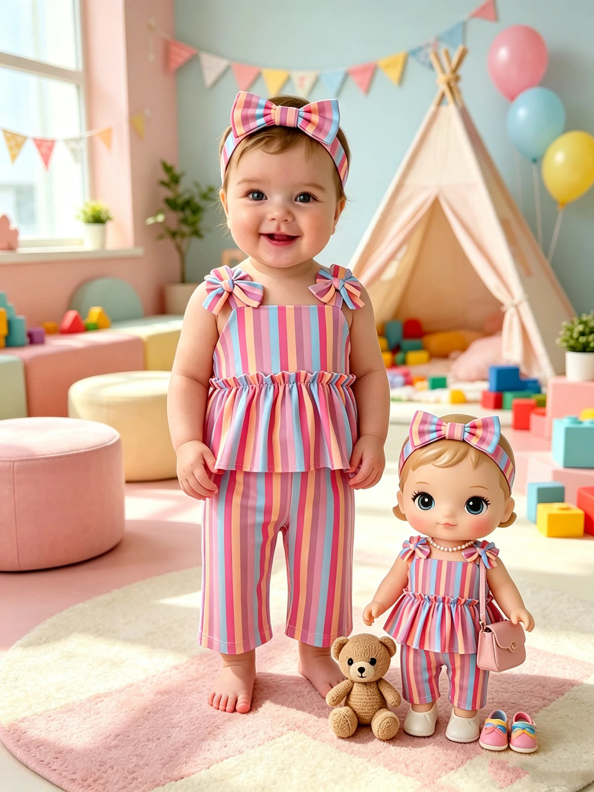 Baby Children's Clothing Set with Thick Shoulder Strap Bow Detail Stripe Color Block Skirt Top And Elastic Waist Striped Pants C