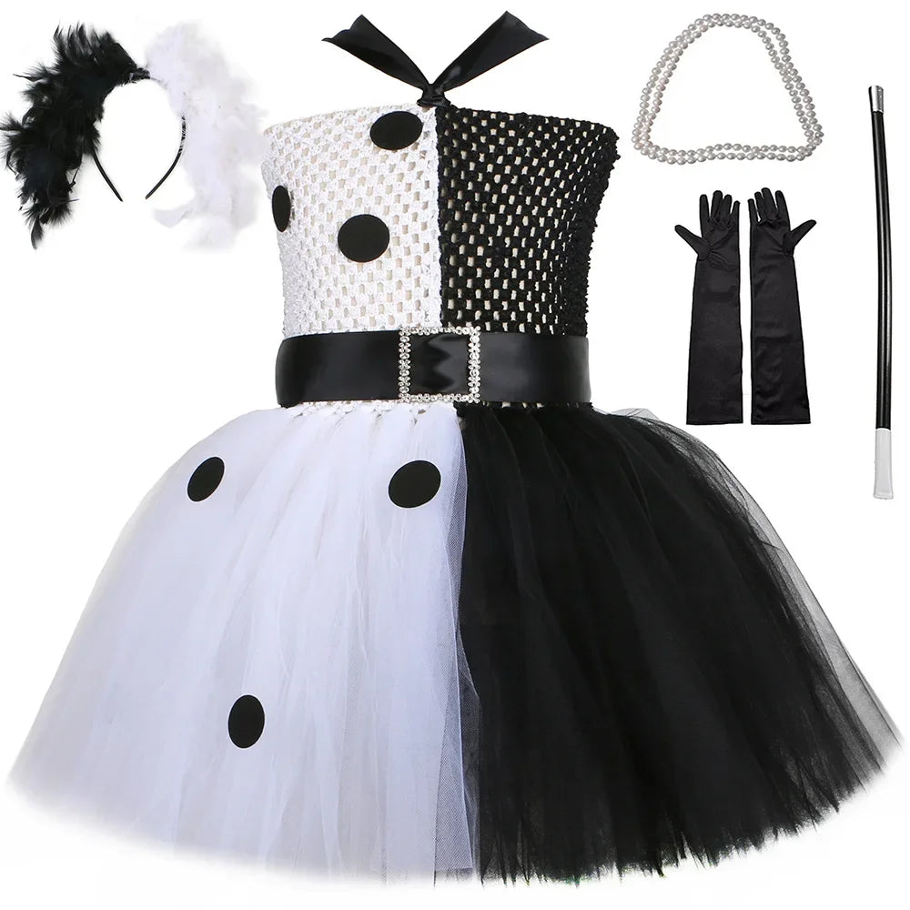 Halloween Crulla Cosplay Costume Cruella Tulle Dress Party Girls Black White Carnival Kids Cruella Wig Lace Mask Suit Clothes