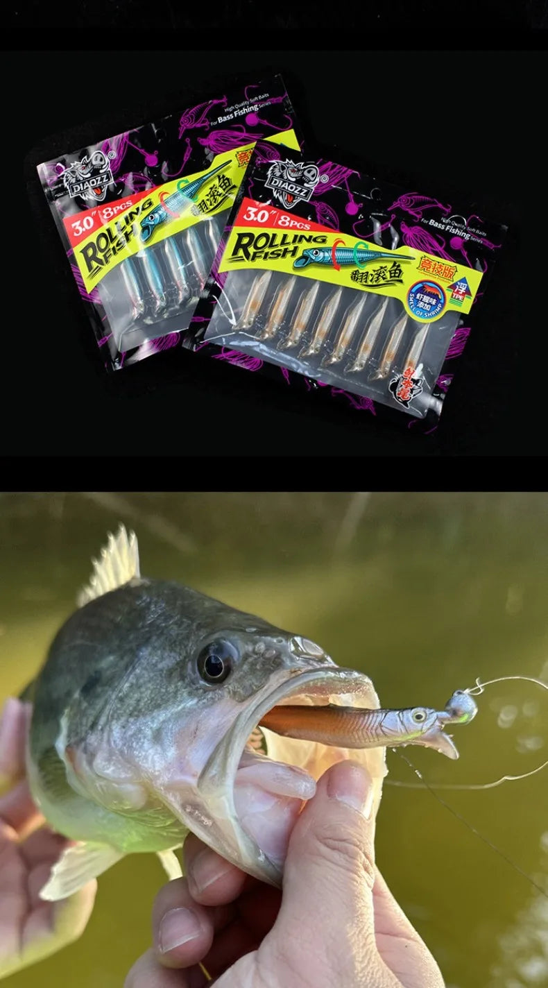 Rolling Fish Floating TPE Soft Lure 2.5" 3" Hollow Channel Design Wobbler Soft Bait Left‑Right Rolling Action Artificial Baitait