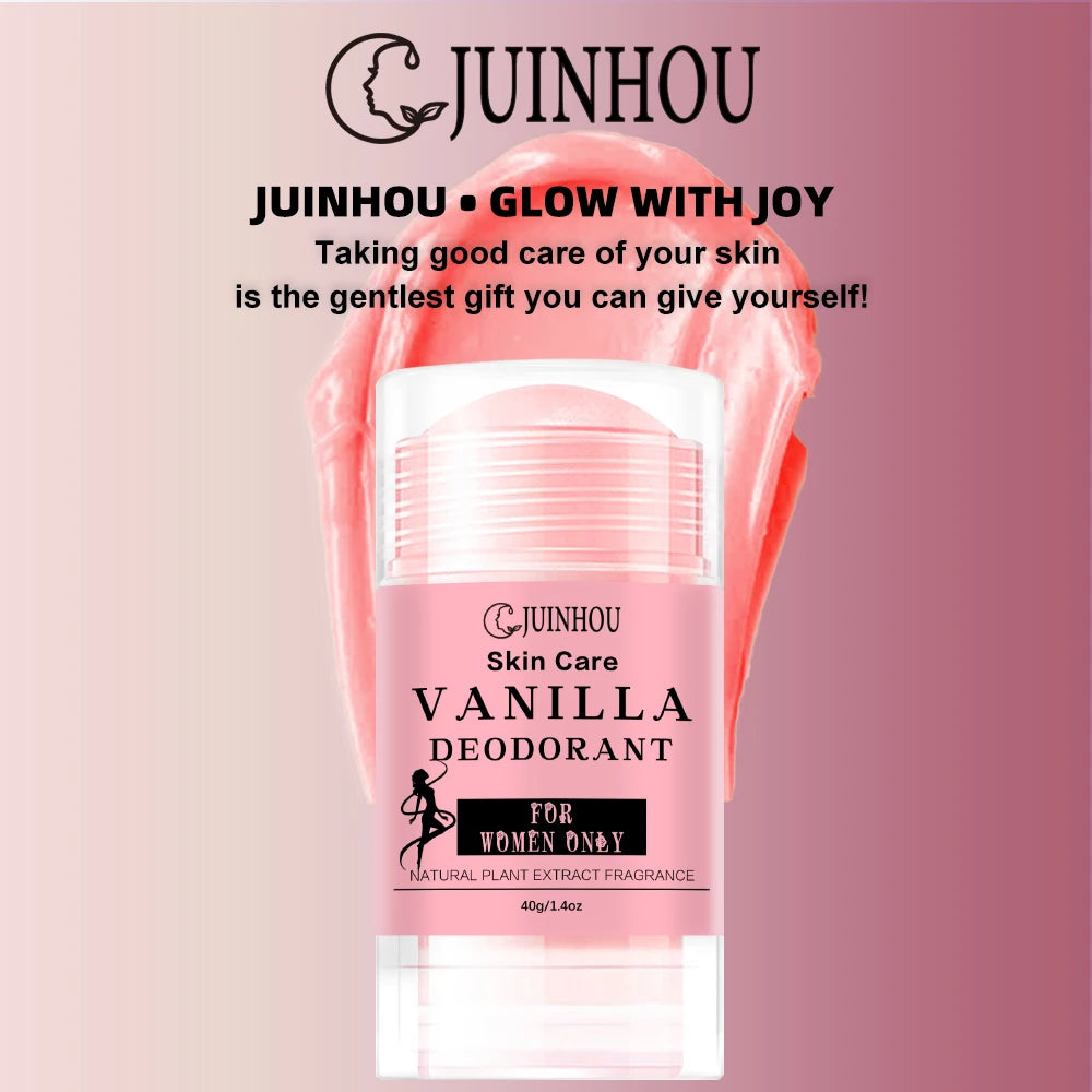 JUINHOU 40g Solid Deodorant Stick Vanilla Aroma Plant Based Mild Formula Portable Odor Control Stick Smooth Skin For Men Women