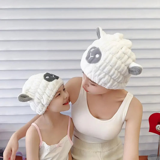 Coral Fleece Cartoon Kids Hair Drying Hat Animal Embroidered Shower Cap Absorbent Quick Dry Tape Cute Bathroom Accessory Soft