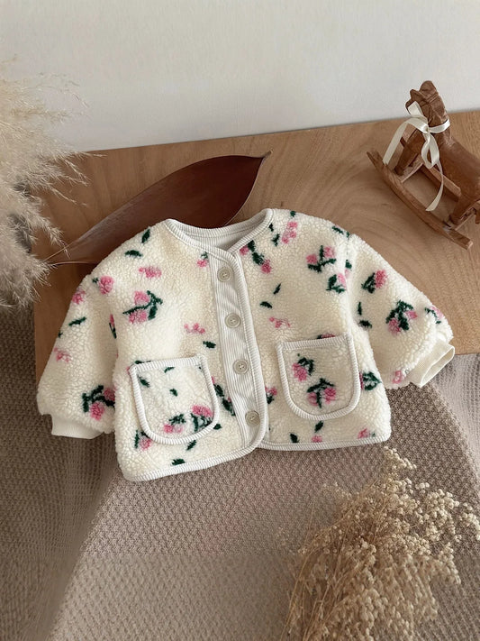 Wholesale 0-3 Y Baby Girls Clothes Full Of Floral Print Girls Thicken Jacket Fur Lining Girls Fur Coat Kids Girls Outfit