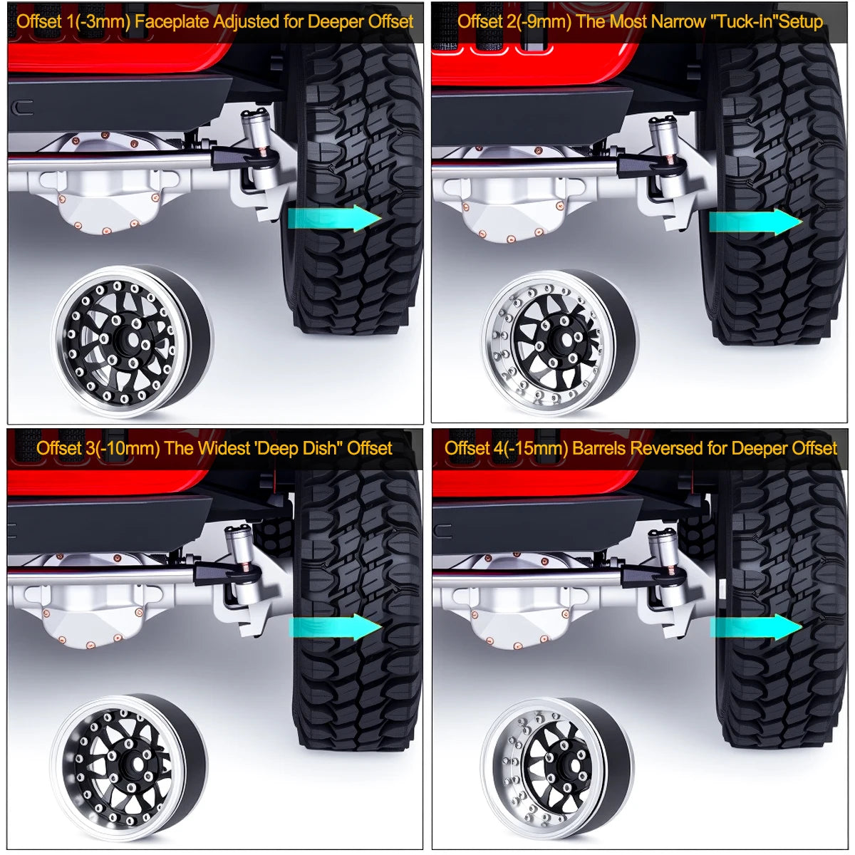 4Pcs 1.9 Aluminum Beadlock Wheel Rims Adjustable Offset 12mm Hex for 1/10 RC Crawler Car TRX4 TRX6 SCX10 90046 GEN7 8 D90 Parts