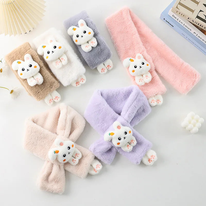 Boys Girls Winter Scarfs Thick Plush Cross Children's Scarf Baby Bib Cute Cartoon Rabbit Faux Fur Neck Protection Warm Shawl