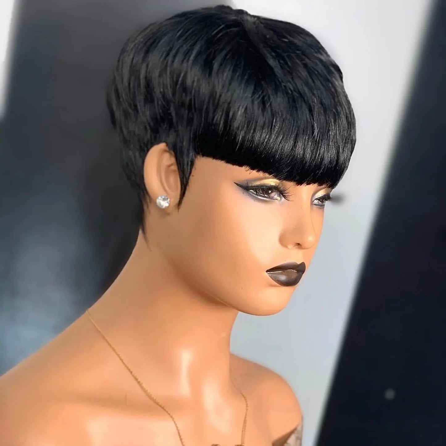 Pixie Cut wigs for Black Women Straight Human Hair Wigs with Bangs Natural 1B Color Wig Short Layered Full Machine Made Wig
