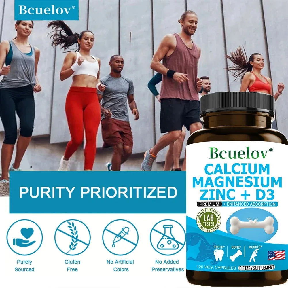 Calcium + Magnesium + Zinc + Vitamin D3 Capsules - Supports Bone and Nervous System Health and Improves Mood