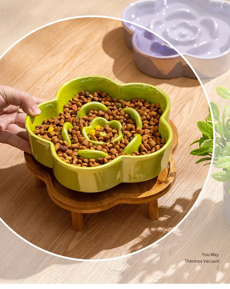 Ceramic Dog Slow Food Bowl Anti-choking Medium and Large Dog Food Basin Cat Bowl with Wooden Frame Pet Feeding Supplies With