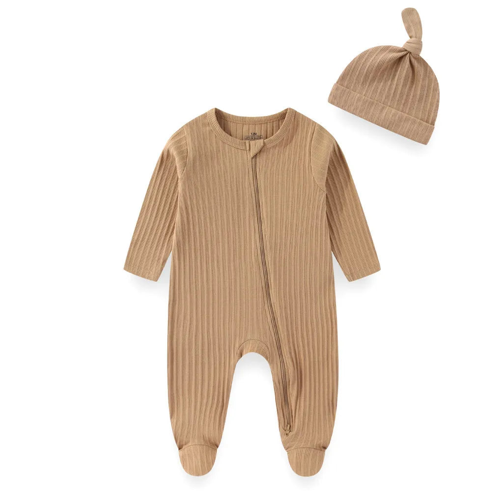 2 Pieces Solid Color Romper+Hat 2-way Zipper Cotton Baby Girl Clothes 0-12M Spring Newborn Baby Boy Clothes Sets Winter