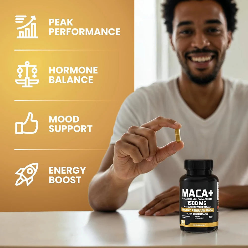 1500mg Organic Maca Root, Black, Red & Yellow - 60 Capsules - Black Maca Root Capsules for Men Supplement - Non-GMO, Gluten-Free