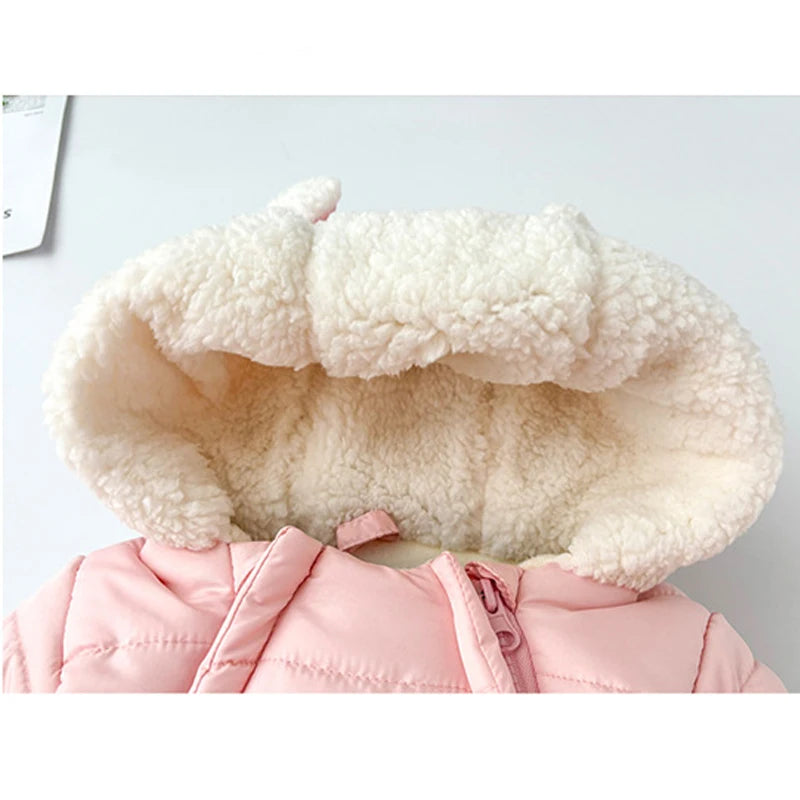 Winter New Baby Boys Girls Bodysuit Solid Color Lining Plush Thick Warm Hooded Jumpsuits For 6M-30M Kids Cotton Romper Snowsuit