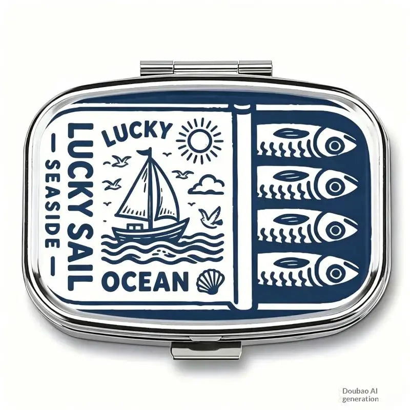 【WA】LUCKY TUNA Sardines Print Metal Pill Box, Portable 2-Compartment Travel Pill Organizer For Vitamins & Pills