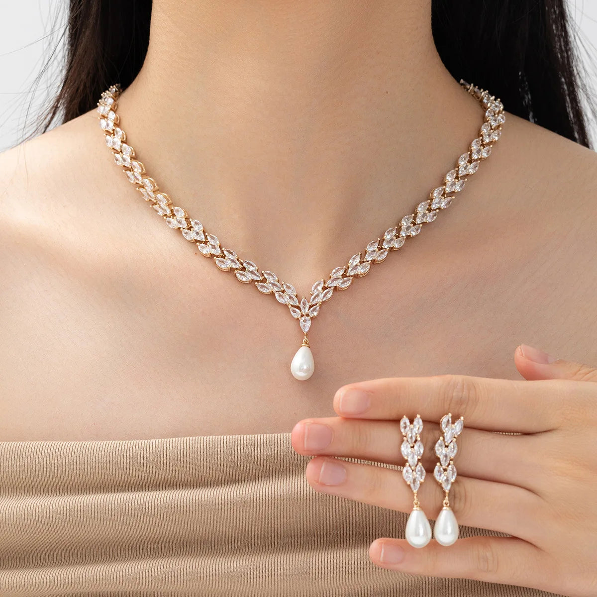 Luxury Zircon Jewelry Set For Women Pearl Pendant Necklace Earring Set For Wedding Bride Prom Party Necklace Accessories Gifts