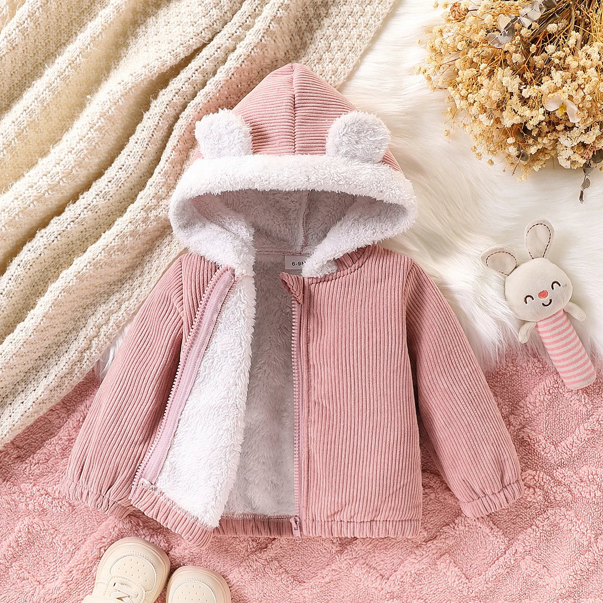 Baby Girl Casual Cute Corduroy Composite Plush Fabric Zipper Fully Open Thickened Hooded Long Sleeve Jacket Autumn and Winter