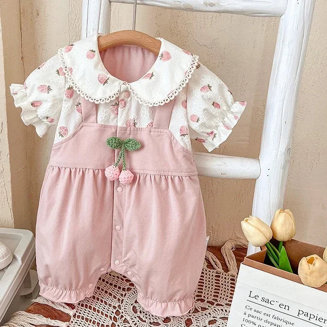 Summer Baby Girls Thin Rompers Lace Peter Pan Collar Puff Sleeve Cute Strawberry Print Jumpsuit Newborn Birthday Clothes E24256