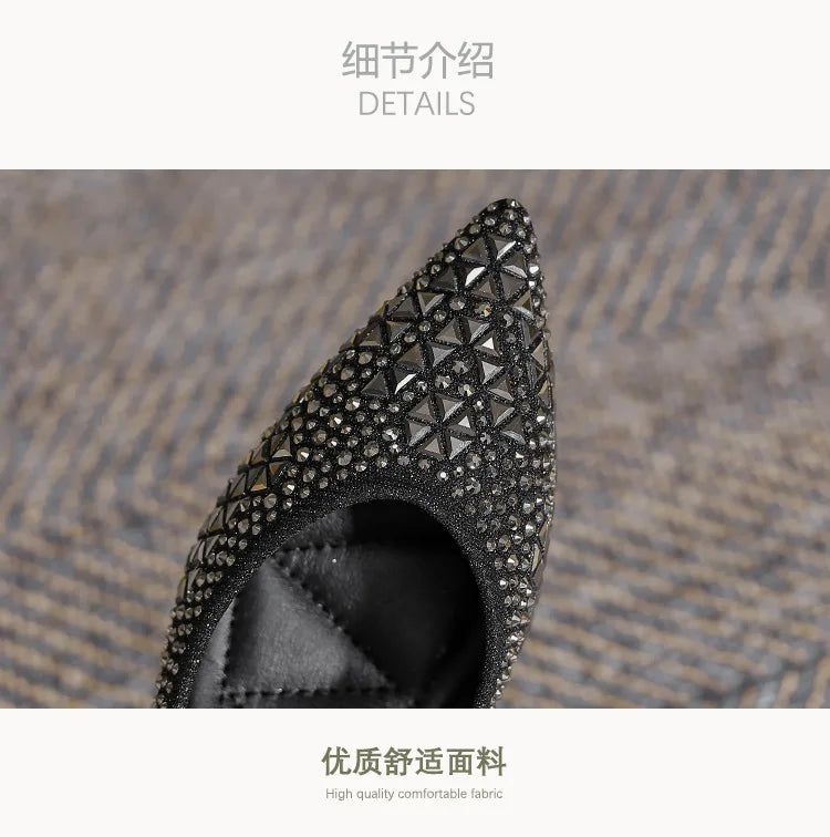 Sequines Cloth Gold rivets pumps women pointed toe glitter med-high heels shoes metal heeled female tacones elegant OL shoes