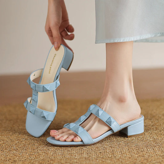 Heeled sandals women's sandals summer  trend luxury Gladiator Genuine Leather Heeled Slippers Rivets Strappy High Heels shoe
