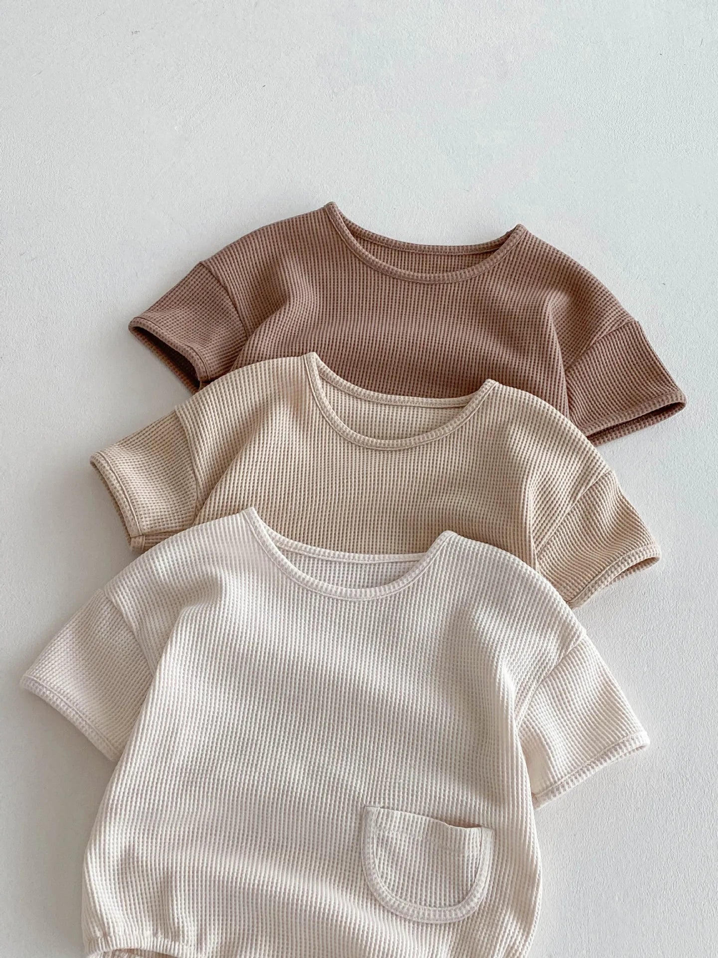 New Korean Style Baby Summer Cotton Simple Comfortable Short - Sleeve Waffle - Knit Onesie with Small Pocket Decoration Romper