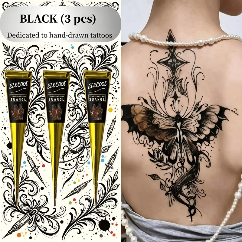SUANGL Temporary Henna Tattoo Kit 3 Colors Black Brown Red with Stencils for Beginners Professionals Party Gift Set