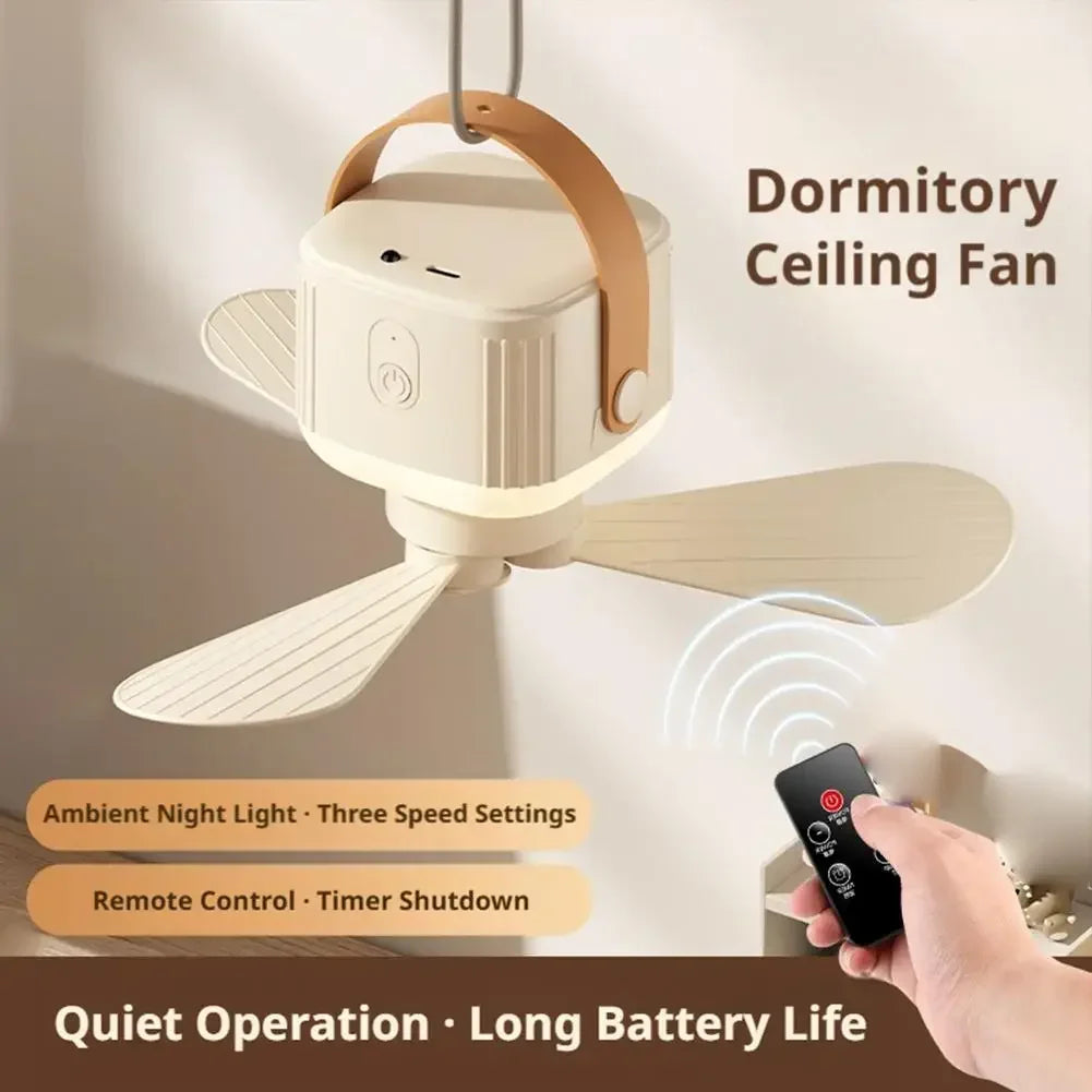 Portable Ceiling Fan with Remote & 3600mAh Battery – 3-Speed, 8-12H Runtime, Night Light for Camping & Outdoor