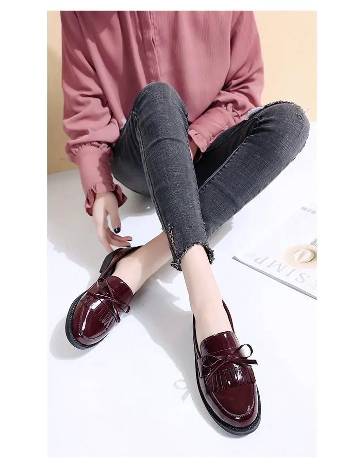 Black Patent Leather Women's Loafers Platform Slip on Shoes for Women 2025 New Spring British Tassel Casual Flats Shoes Woman